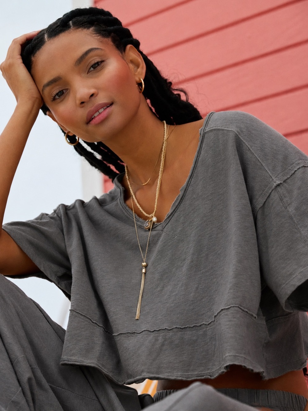 aerie Washed Gray Cropped V-Neck Tee